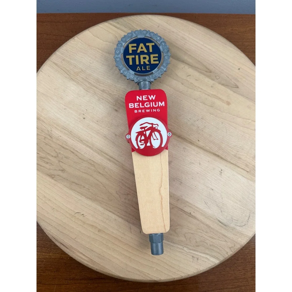 New Belgium Fat Tire Ale Beer Tap Handle Bicycle Chain Gear Topper Wood Red Bike